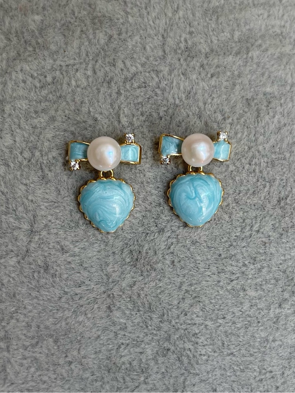 Natural Freshwater Pearl with Blue Enamel Heart Drop Stud Earrings - 925 posts